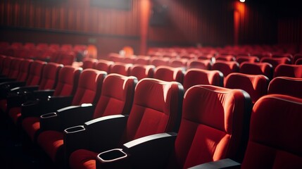 A row of empty red seats in a cinema theater