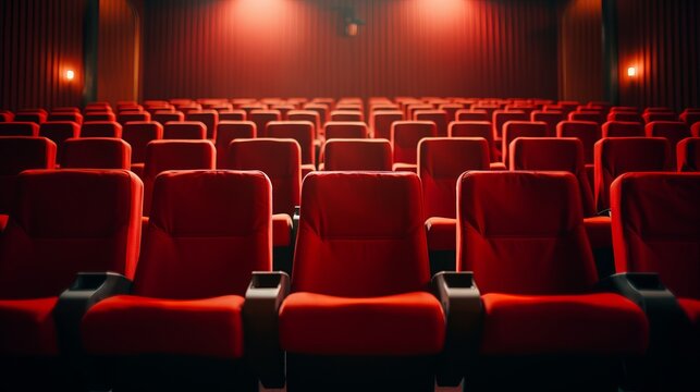 A row of red chairs sitting in front of a cinema theater