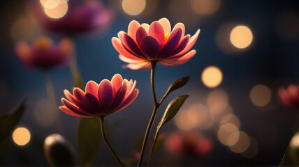 Beautiful flowers. Magical shine. Blurred background, bokeh. AI