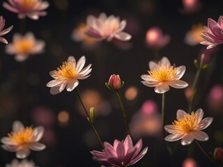 Beautiful flowers. Magical shine. Blurred background, bokeh. AI