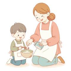 mom and son cook with bread with isolated bckground vector