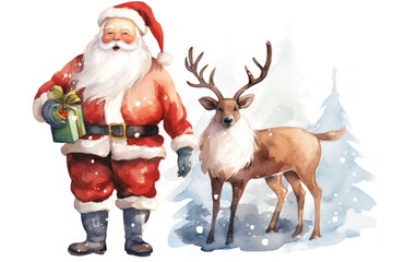 Watercolor winter background with deer and santa claus