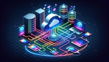 Modern cloud technology concept in isometric view with Neon rainbow-colored data streams flow between a centralized cloud data center and gadgets