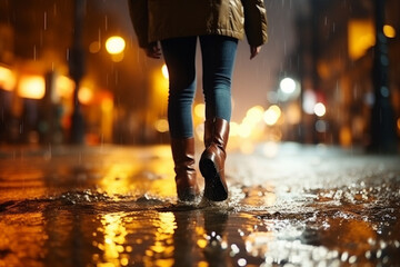 Close-up view, female legs are walking along the wet street of the night city.