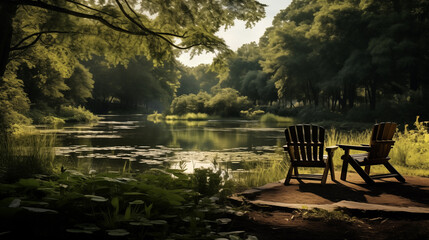 Obraz premium Two relaxed chairs sitting on top of a stone walkway with rustic patio furniture on house deck with vegetation.