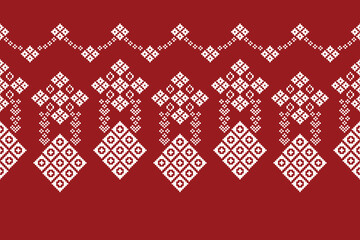 Ethnic geometric fabric pattern Cross Stitch.Ikat embroidery Ethnic oriental Pixel pattern red background. Abstract,vector,illustration. Texture,clothing,frame,decoration,motifs,silk wallpaper.