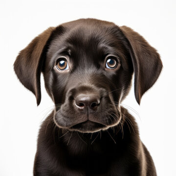Black Labrador puppy with expressive eyes on a white background