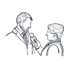 Journalists interviewing source political or businessman. Journalism hand drawn line sketch drawing vector grunge illustration