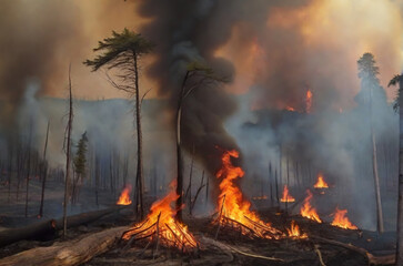 Fototapeta premium Forest fires. Vegetation Gorenje in the forest. Destruction of flora and fauna. Environmental damage. AI