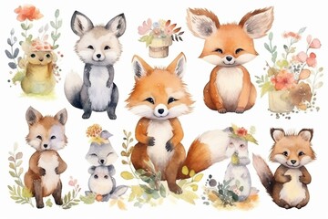 Watercolor woodland animals ideal for stickers, posters, and invitations in nursery, playroom, and bedroom. Generative AI