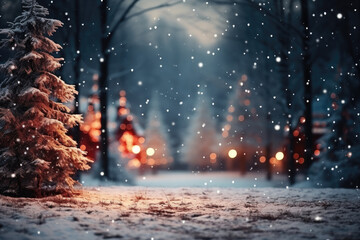 Winter evening forest, New Year's background, bokeh