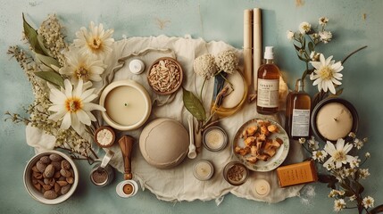 Fototapeta na wymiar top view of natural cosmetics, ingredients or spa accessories arranged on banner background, Generative AI