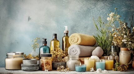 natural cosmetics, ingredients and bathroom or spa accessories arranged on banner background, Generative AI - obrazy, fototapety, plakaty