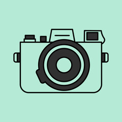 Cute pattern drawn in doodle style of a retro camera on a green background. Vintage element, old-fashioned camera, photographer's device.