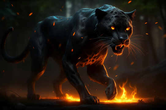 The black panther runs through the fiery flames. Fantasy. AI