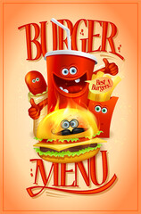 Burger menu with hot dog, burger, fries and soda drink as a cartoon personages