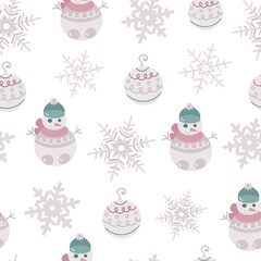 New Years seamless pattern with snowflakes, Christmas balls and snowmen on a white background. Vector.