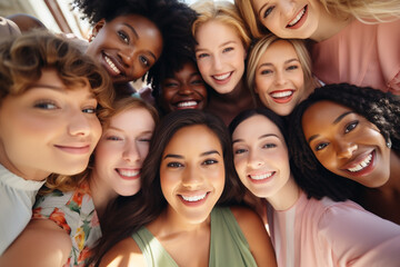 Fototapeta premium Multiethnic company of young beautiful women - bridesmaids, take a selfie at a wedding or engagement.