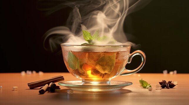 Cup of tea with mint and cinnamon on a wooden table. Coffee concept with a copy space.