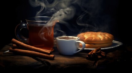 Cup of hot tea with cinnamon, star anise and cookies on wooden table. Coffee concept with a copy space.