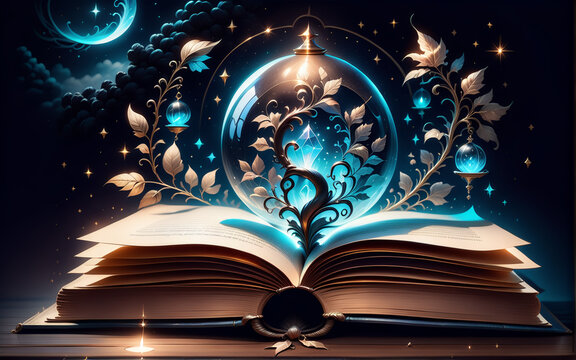 The magic book of knowledge. Fantastic background. AI