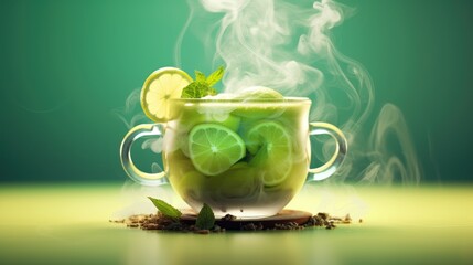 Cup of hot drink with mint and lime on a green background. Coffee concept with a copy space.