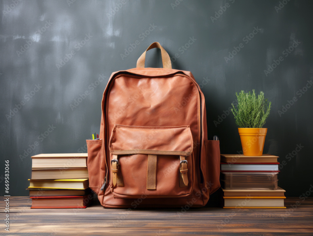 Aufkleber backpack and books on a wooden table in front of blackboard. generative ai