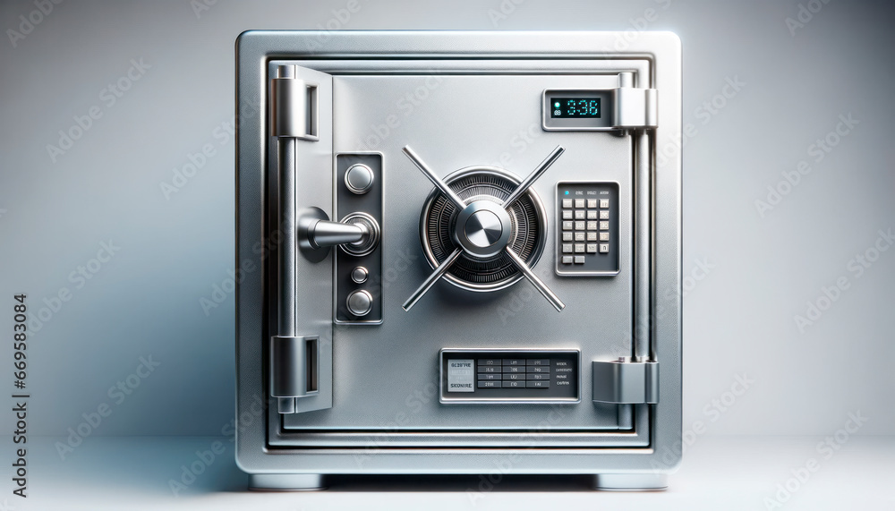 Poster metal safe with a combination lock on a gray background. generative ai
