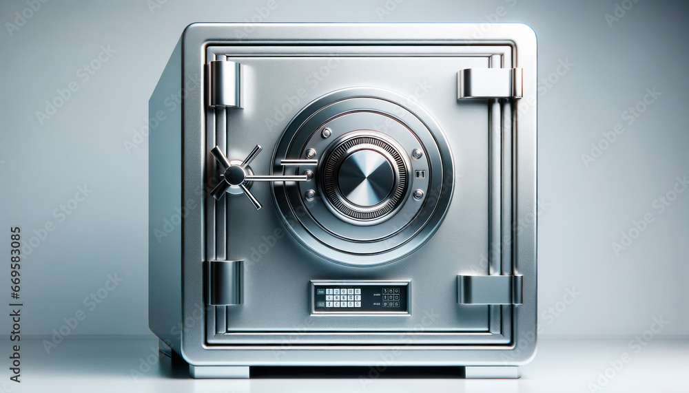 Poster metal safe with a combination lock on a gray background. generative ai
