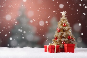 decorated Christmas tree with gifts on a red snowy background with bokeh.greeting card