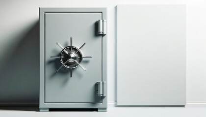 Metal safe with a combination lock and blank poster on the wall. Generative AI