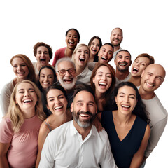 A large number of people are smiling happily on PNG transparent background.