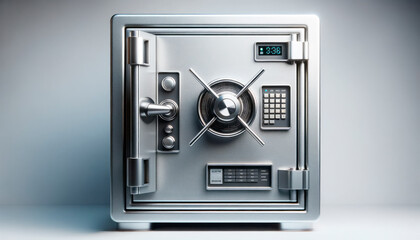 Metal safe with a combination lock on a gray background. Generative AI