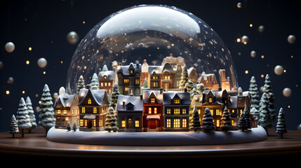 Snow Globe with Miniature Colorful and Illuminated Snowy Towns. Ultra Detailed and HQ 4K