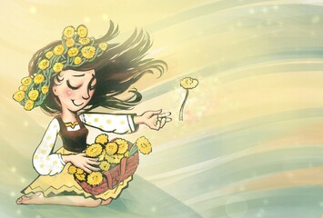 A girl plays with flowers during the summer. Postcard illustration. Horizontal composition.