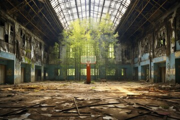 An unused gymnasium left behind in Pripyat after the Chernobyl disaster. Generative AI - obrazy, fototapety, plakaty