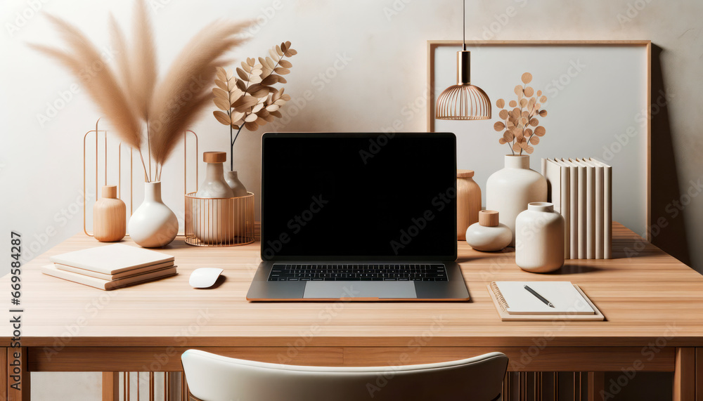 Poster laptop with blank screen on wooden table in modern room. mock up. generative ai