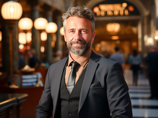 Fototapeta premium Portrait of a handsome man with beard and mustache in a luxury hotel lobby. Generative AI