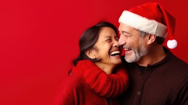 Happy middle aged, diverse ethnicity couple posing on plain red background in santa hat
