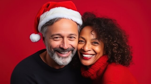 Happy young adult couple posing on plain red background in Christmas wear and santa hats