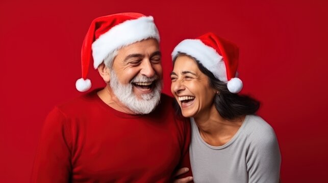 Happy middle aged, diverse ethnicity couple posing on plain red background in santa hat