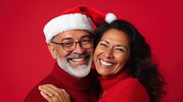 Happy middle aged, diverse ethnicity couple posing on plain red background in santa hat