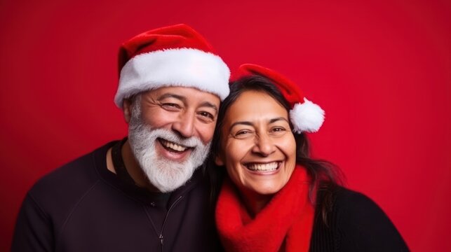 Happy young adult couple posing on plain red background in Christmas wear and santa hats