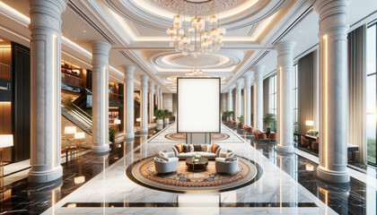Luxury hotel lobby interior with blank billboard. Generative AI