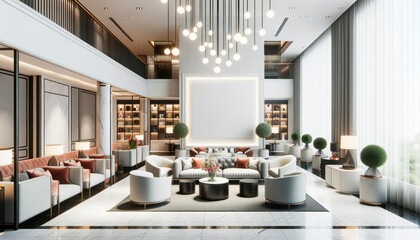 Luxury hotel lobby with sofas and armchairs. Generative AI - obrazy, fototapety, plakaty