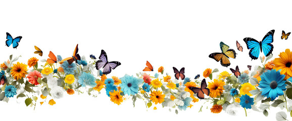 Beautiful flowers and butterflies on a white background for use as a background image.