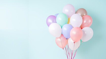 Birthday anniversary celebration banner. Pastel colored balloons on solid background. Soft colors