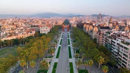 4k view of The Arc de Triomf, Urban Skyline in the city of Barcelona, Catalonia, Spain