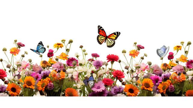 Beautiful flowers and butterflies on a white background for use as a background image.