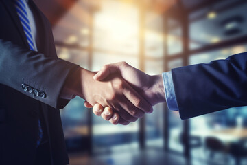 Closeup of two business people shaking hands in office. Handshake concept - obrazy, fototapety, plakaty